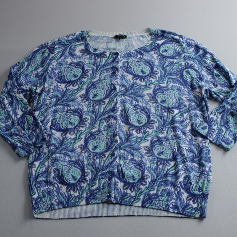 Talbots Blue Green AOP Floral Paisley Cardigan Sweater XL 3/4 SL Fall Fasion